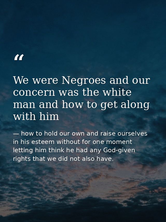 We were Negroes and our concern was the white man and how to get along with him — how to hold our own and raise ourselves in his esteem without for one moment letting him think he had any God-given rights that we did not also have.