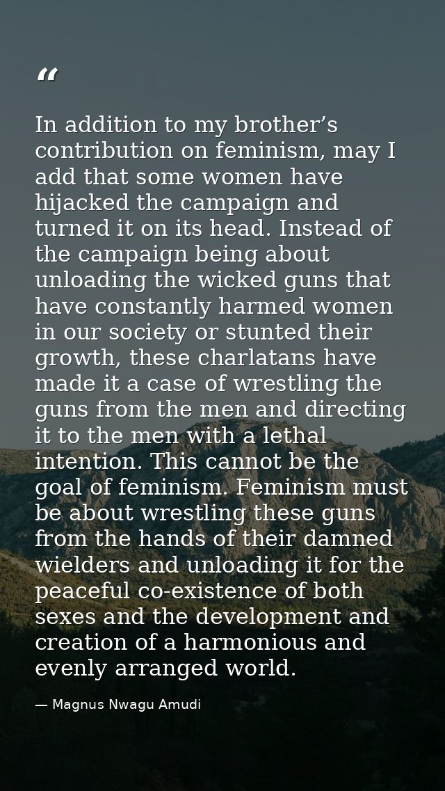 In addition to my brother’s contribution on feminism, may I add that some women have hijacked the campaign and turned it — Magnus Nwagu Amudi