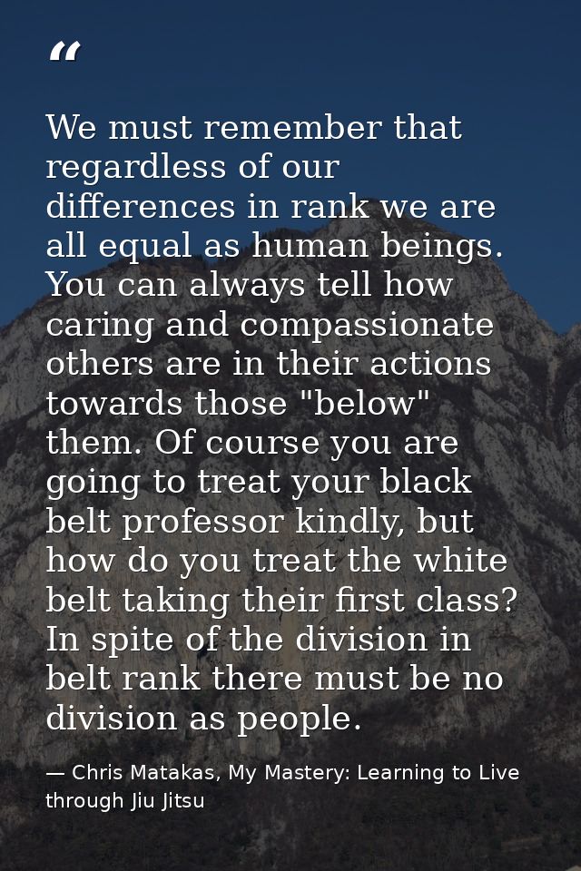 We must remember that regardless of our differences in rank we are all equal as human beings. You can always tell how ca — Chris Matakas, My Mastery: Learning to Live through Jiu Jitsu