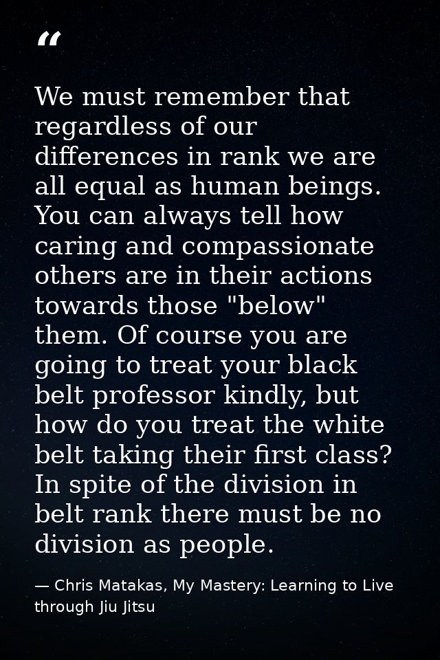 We must remember that regardless of our differences in rank we are all equal as human beings. You can always tell how ca — Chris Matakas, My Mastery: Learning to Live through Jiu Jitsu