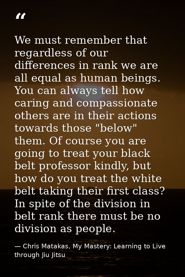 We must remember that regardless of our differences in rank we are all equal as human beings. You can always tell how ca — Chris Matakas, My Mastery: Learning to Live through Jiu Jitsu