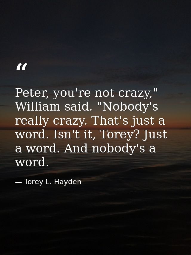 Peter, you're not crazy," William said. "Nobody's really crazy. That's just a word. Isn't it, Torey? Just a word. And no — Torey L. Hayden