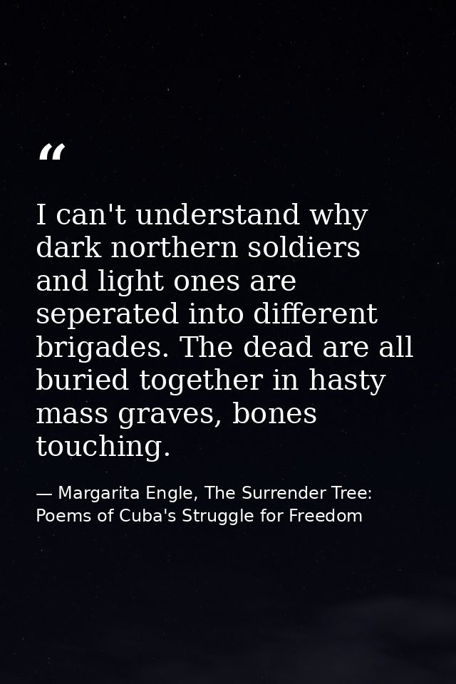 I can't understand why dark northern soldiers and light ones are seperated into different brigades. The dead are all bur — Margarita Engle, The Surrender Tree: Poems of Cuba's Struggle for Freedom