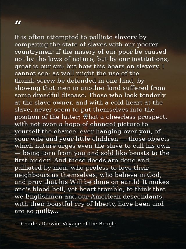 It is often attempted to palliate slavery by comparing the state of slaves with our poorer countrymen: if the misery of  — Charles Darwin, Voyage of the Beagle