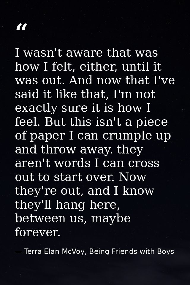 I wasn't aware that was how I felt, either, until it was out. And now that I've said it like that, I'm not exactly sure  — Terra Elan McVoy, Being Friends with Boys