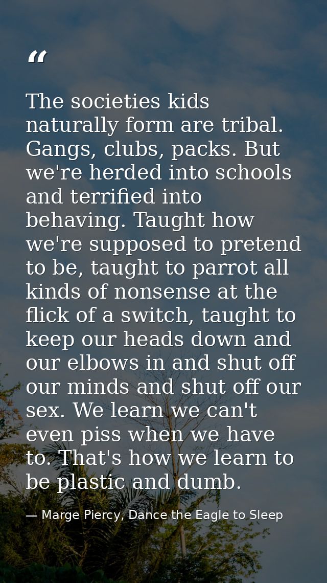 The societies kids naturally form are tribal. Gangs, clubs, packs. But we're herded into schools and terrified into beha — Marge Piercy, Dance the Eagle to Sleep