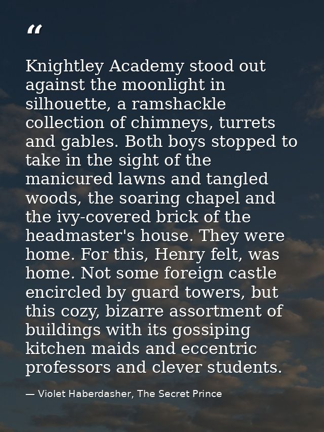 Knightley Academy stood out against the moonlight in silhouette, a ramshackle collection of chimneys, turrets and gables — Violet Haberdasher, The Secret Prince