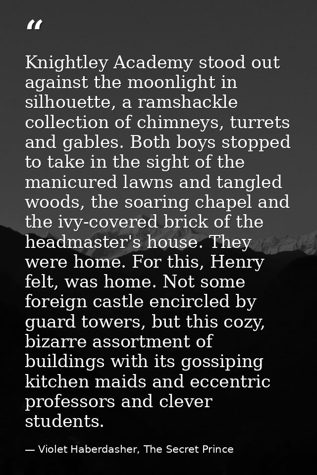Knightley Academy stood out against the moonlight in silhouette, a ramshackle collection of chimneys, turrets and gables — Violet Haberdasher, The Secret Prince