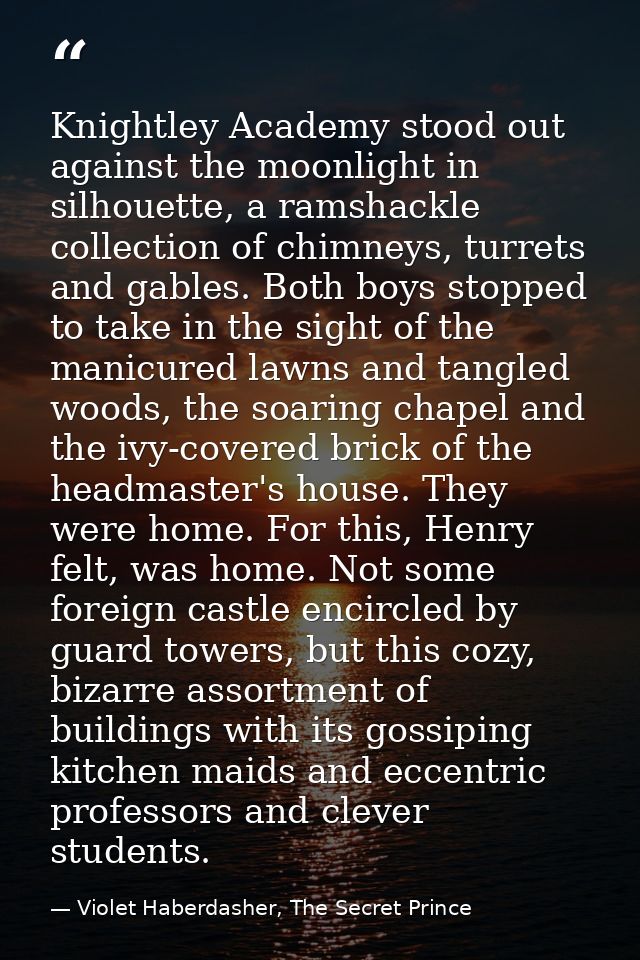 Knightley Academy stood out against the moonlight in silhouette, a ramshackle collection of chimneys, turrets and gables — Violet Haberdasher, The Secret Prince