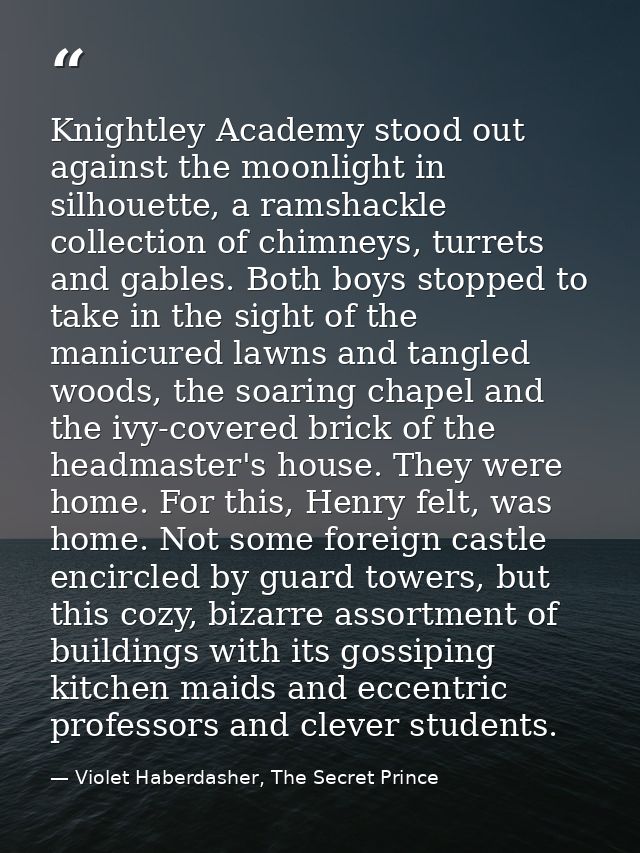 Knightley Academy stood out against the moonlight in silhouette, a ramshackle collection of chimneys, turrets and gables — Violet Haberdasher, The Secret Prince