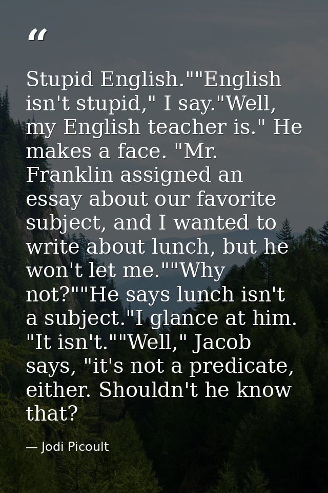 Stupid English.""English isn't stupid," I say."Well, my English teacher is." He makes a face. "Mr. Franklin assigned an  — Jodi Picoult