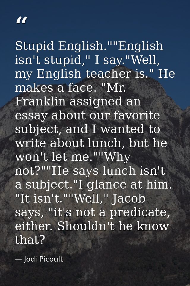 Stupid English.""English isn't stupid," I say."Well, my English teacher is." He makes a face. "Mr. Franklin assigned an  — Jodi Picoult