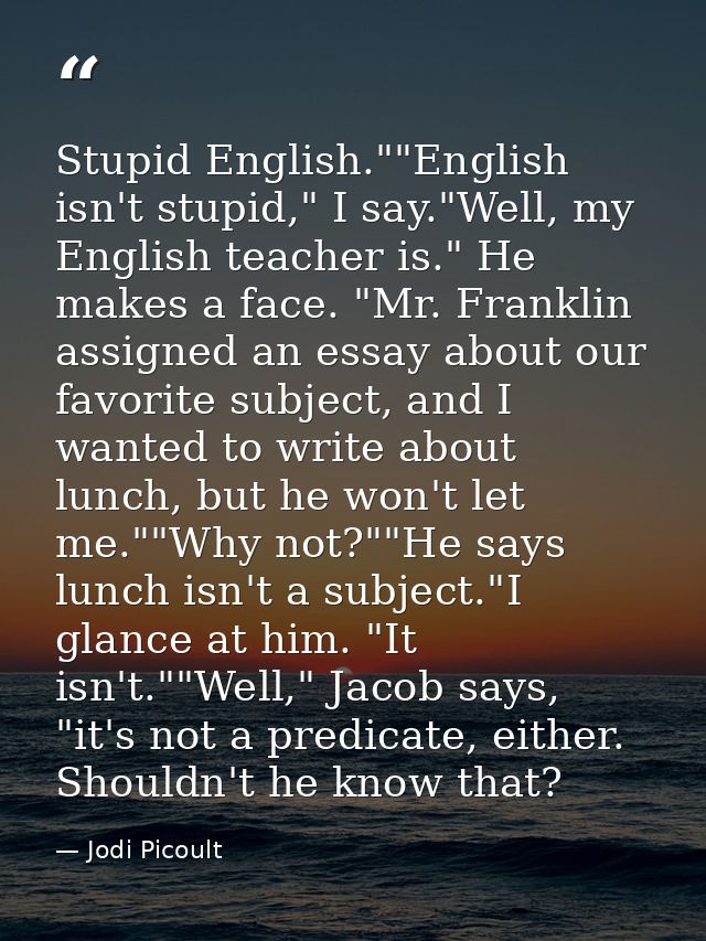 Stupid English.""English isn't stupid," I say."Well, my English teacher is." He makes a face. "Mr. Franklin assigned an  — Jodi Picoult