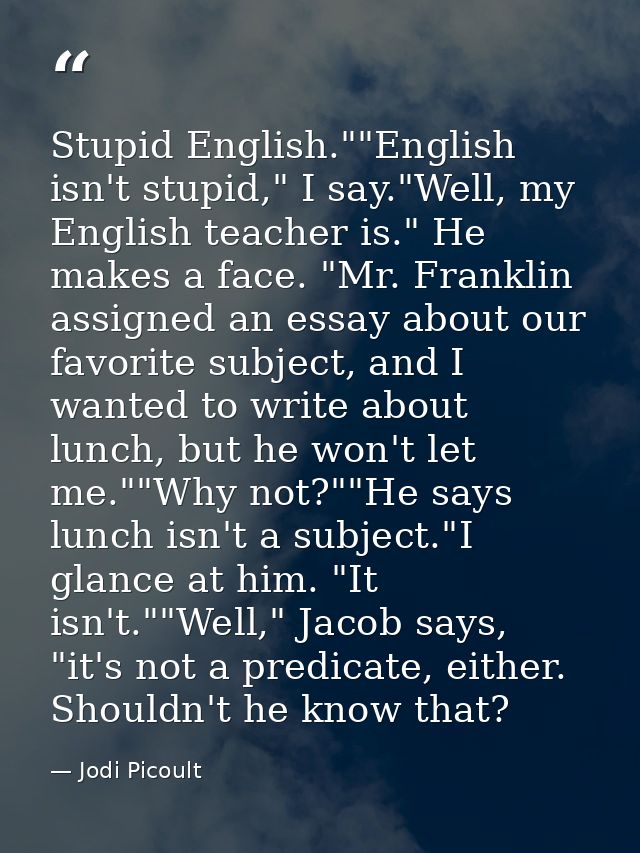 Stupid English.""English isn't stupid," I say."Well, my English teacher is." He makes a face. "Mr. Franklin assigned an  — Jodi Picoult