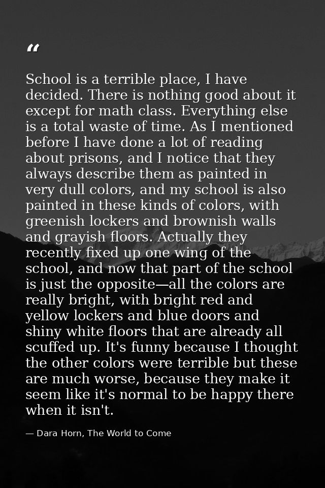 School is a terrible place, I have decided. There is nothing good about it except for math class. Everything else is a t — Dara Horn, The World to Come
