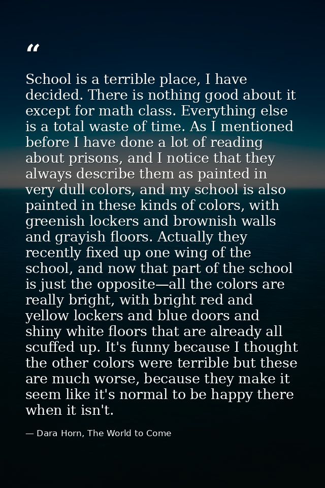School is a terrible place, I have decided. There is nothing good about it except for math class. Everything else is a t — Dara Horn, The World to Come