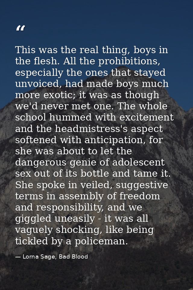 This was the real thing, boys in the flesh. All the prohibitions, especially the ones that stayed unvoiced, had made boy — Lorna Sage, Bad Blood