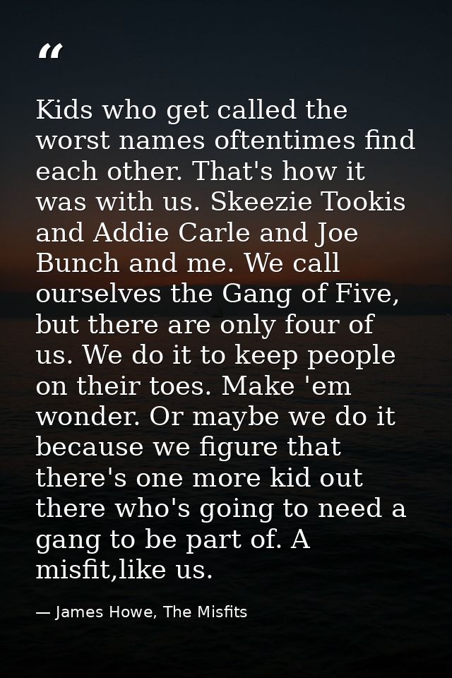 Kids who get called the worst names oftentimes find each other. That's how it was with us. Skeezie Tookis and Addie Carl — James Howe, The Misfits