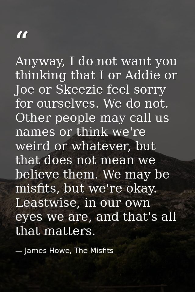 Anyway, I do not want you thinking that I or Addie or Joe or Skeezie feel sorry for ourselves. We do not. Other people m — James Howe, The Misfits