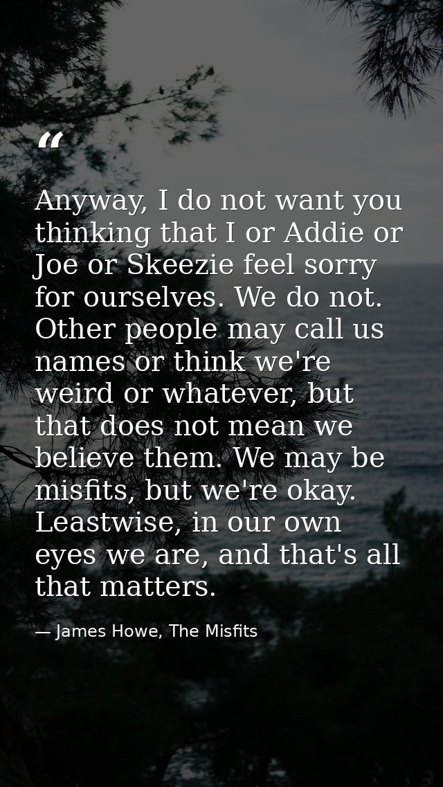 Anyway, I do not want you thinking that I or Addie or Joe or Skeezie feel sorry for ourselves. We do not. Other people m — James Howe, The Misfits