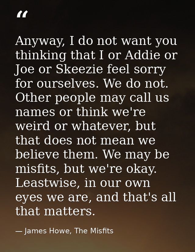 Anyway, I do not want you thinking that I or Addie or Joe or Skeezie feel sorry for ourselves. We do not. Other people m — James Howe, The Misfits