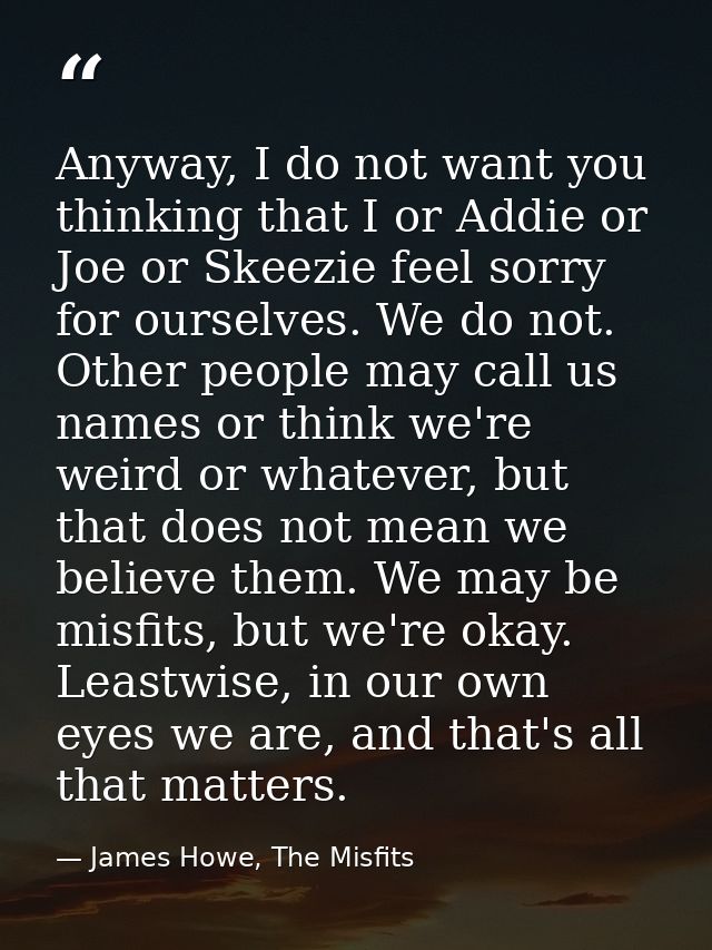 Anyway, I do not want you thinking that I or Addie or Joe or Skeezie feel sorry for ourselves. We do not. Other people m — James Howe, The Misfits