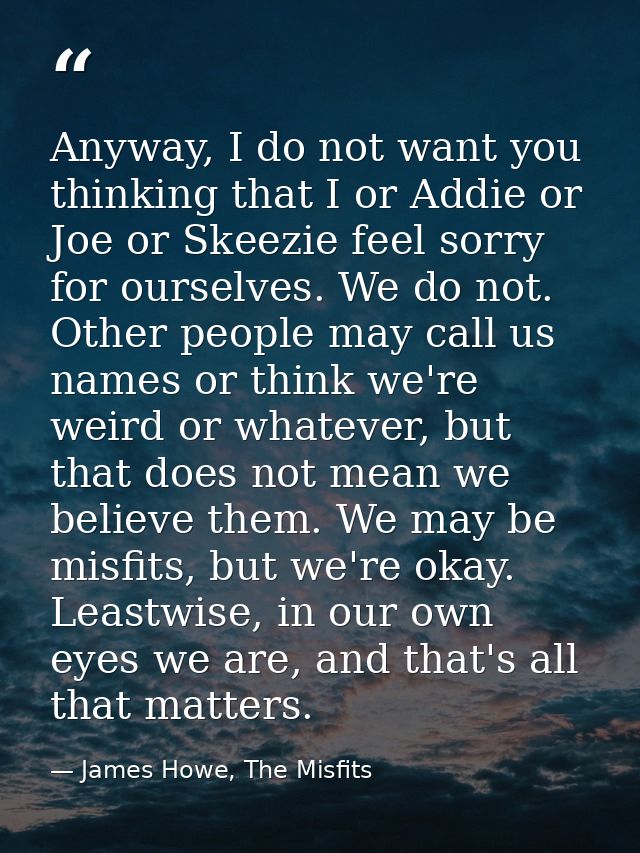 Anyway, I do not want you thinking that I or Addie or Joe or Skeezie feel sorry for ourselves. We do not. Other people m — James Howe, The Misfits