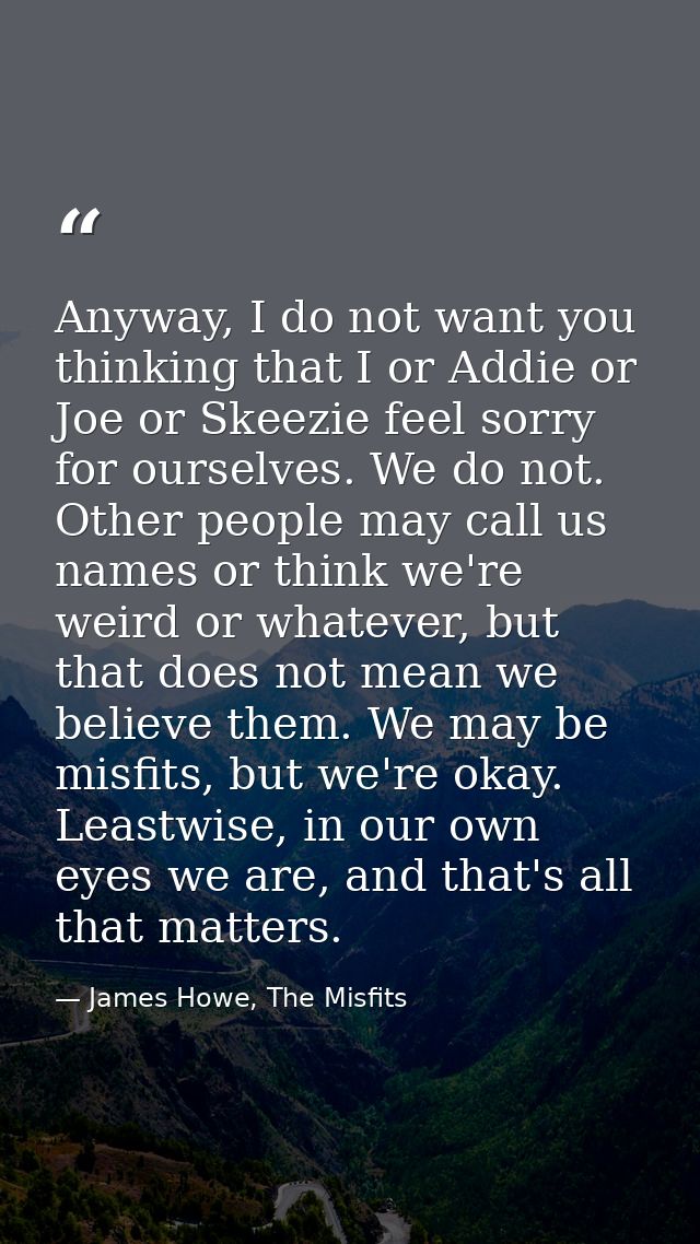 Anyway, I do not want you thinking that I or Addie or Joe or Skeezie feel sorry for ourselves. We do not. Other people m — James Howe, The Misfits