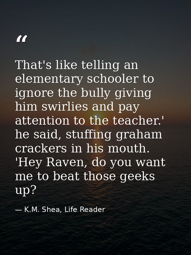 That's like telling an elementary schooler to ignore the bully giving him swirlies and pay attention to the teacher.' he — K.M. Shea, Life Reader