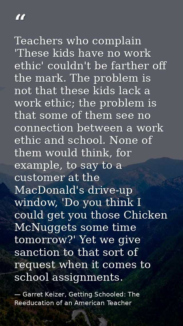 Teachers who complain 'These kids have no work ethic' couldn't be farther off the mark. The problem is not that these ki — Garret Keizer, Getting Schooled: The Reeducation of an American Teacher