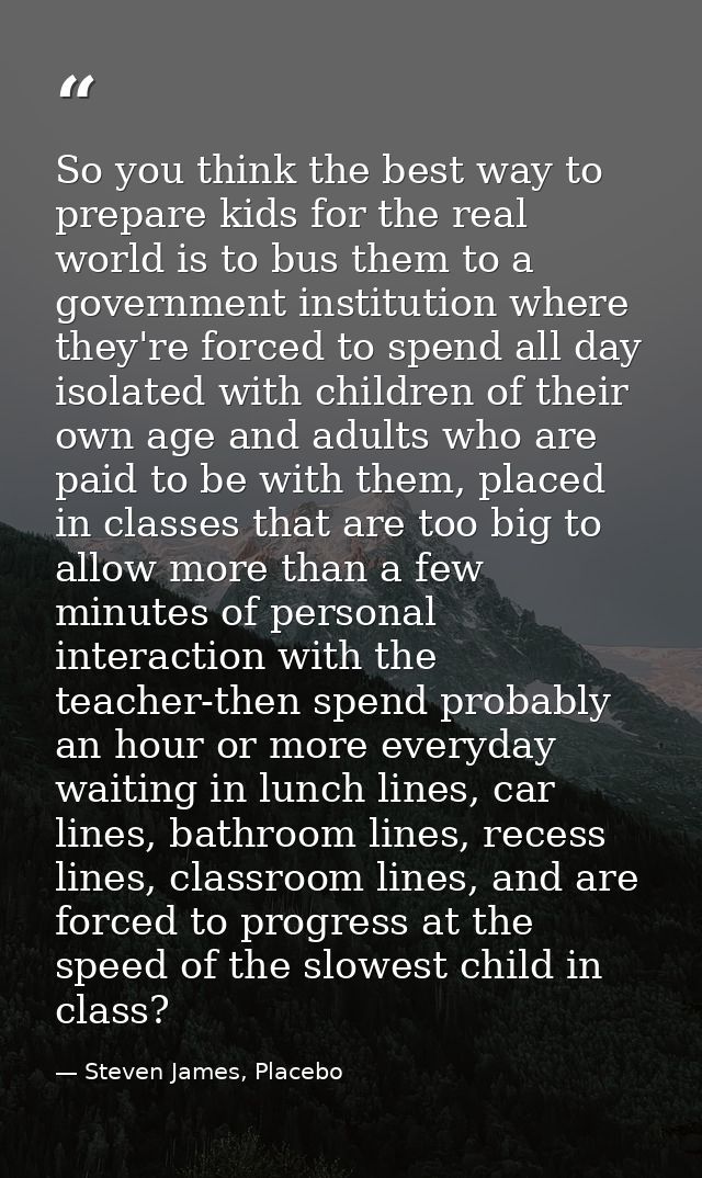 So you think the best way to prepare kids for the real world is to bus them to a government institution where they're fo — Steven James, Placebo