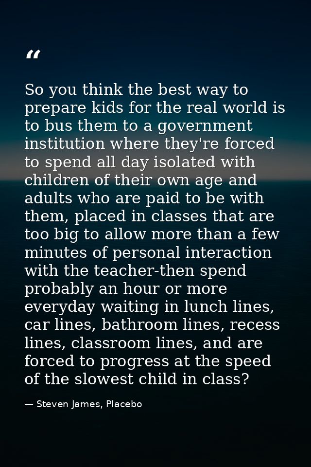 So you think the best way to prepare kids for the real world is to bus them to a government institution where they're fo — Steven James, Placebo