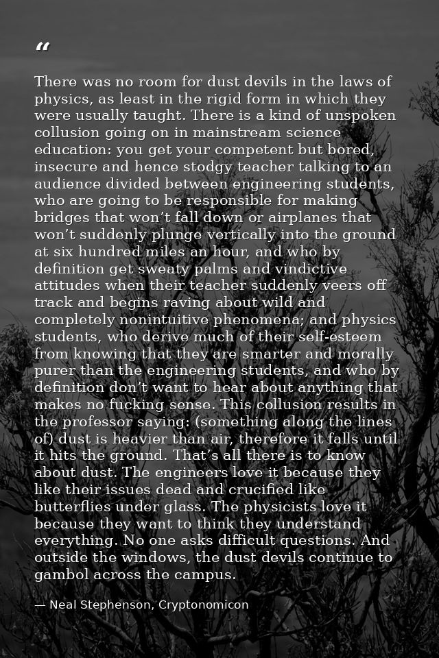 There was no room for dust devils in the laws of physics, as least in the rigid form in which they were usually taught.  — Neal Stephenson, Cryptonomicon