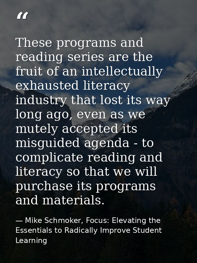 These programs and reading series are the fruit of an intellectually exhausted literacy industry that lost its way long  — Mike Schmoker, Focus: Elevating the Essentials to Radically Improve Student Learning