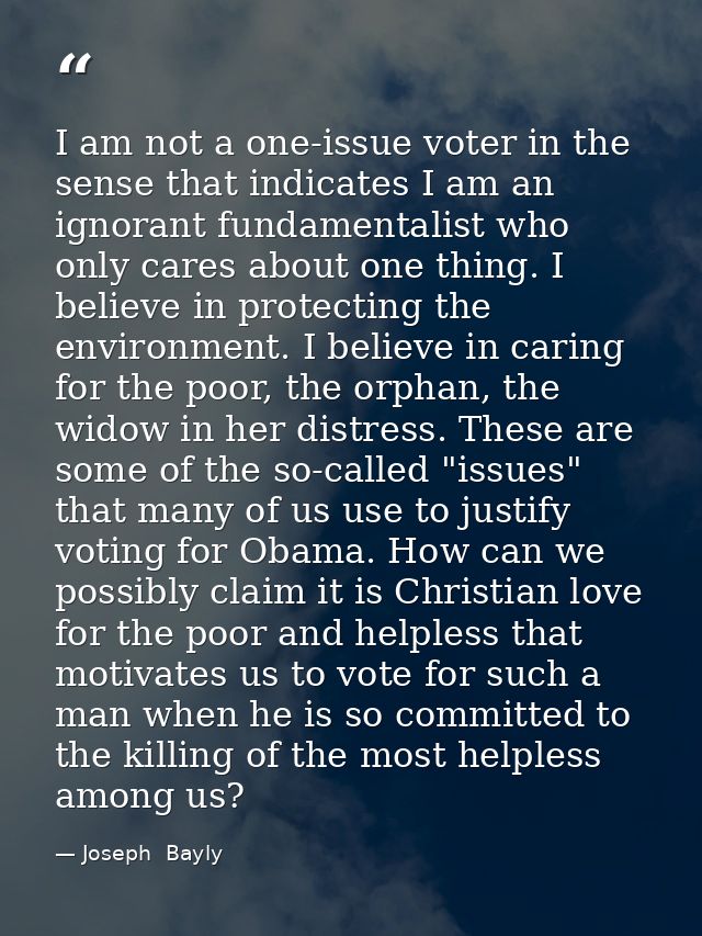 I am not a one-issue voter in the sense that indicates I am an ignorant fundamentalist who only cares about one thing. I — Joseph  Bayly