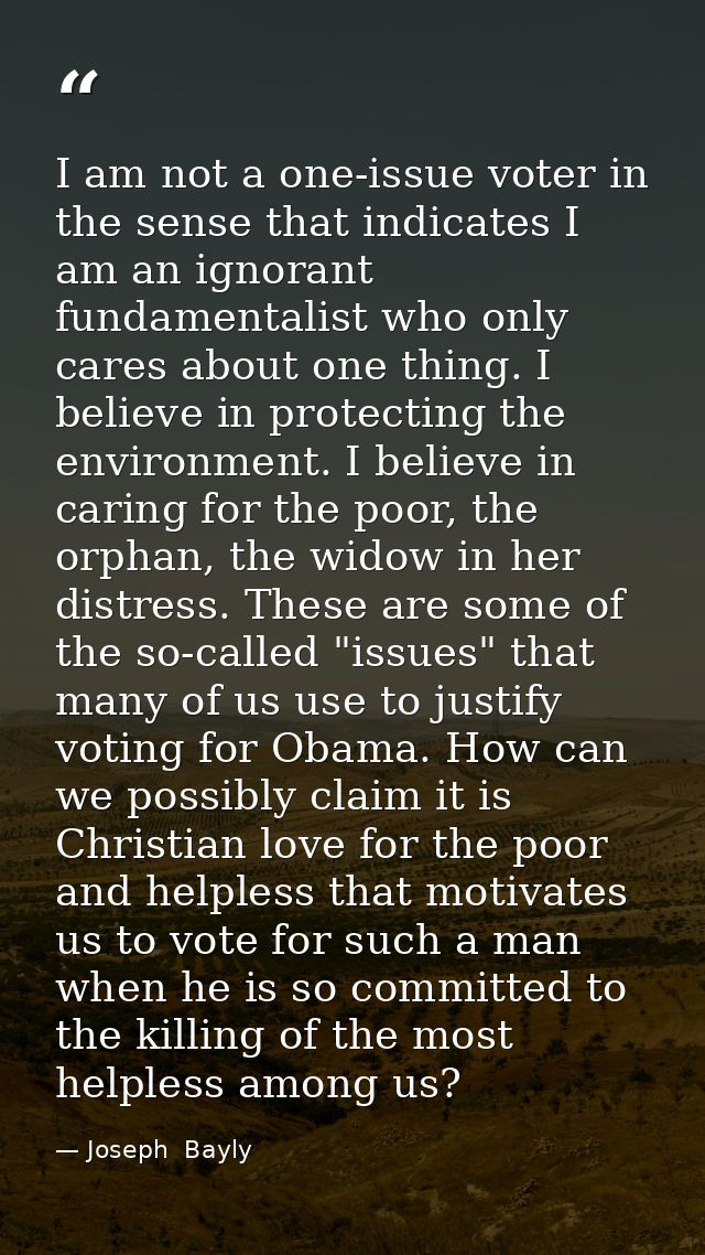 I am not a one-issue voter in the sense that indicates I am an ignorant fundamentalist who only cares about one thing. I — Joseph  Bayly