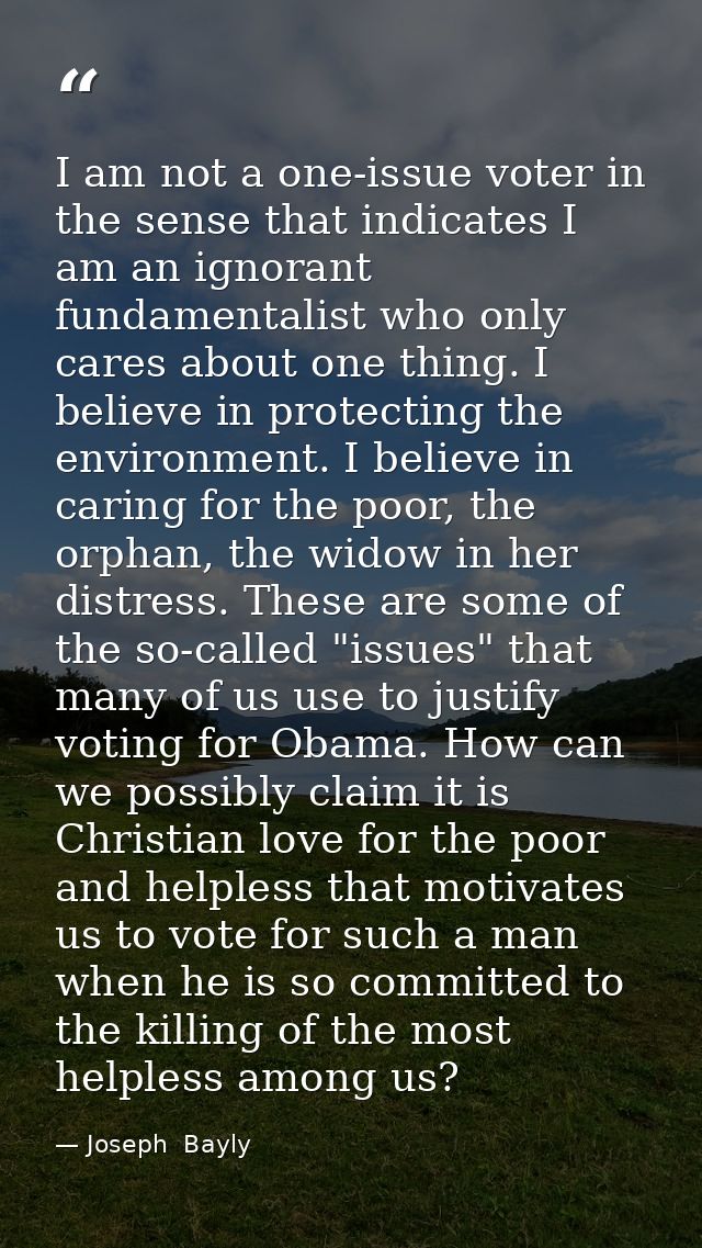 I am not a one-issue voter in the sense that indicates I am an ignorant fundamentalist who only cares about one thing. I — Joseph  Bayly
