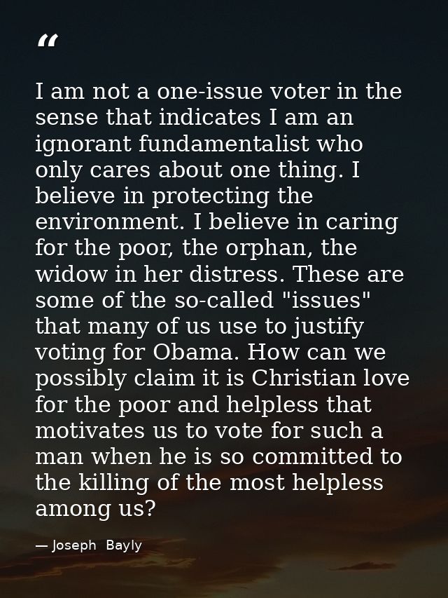 I am not a one-issue voter in the sense that indicates I am an ignorant fundamentalist who only cares about one thing. I — Joseph  Bayly
