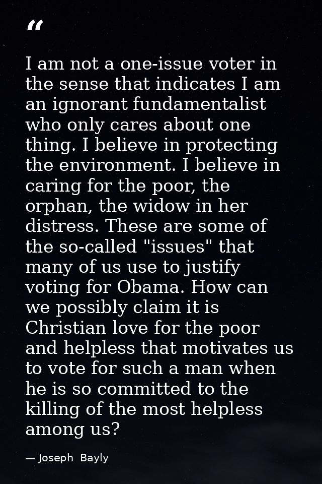 I am not a one-issue voter in the sense that indicates I am an ignorant fundamentalist who only cares about one thing. I — Joseph  Bayly