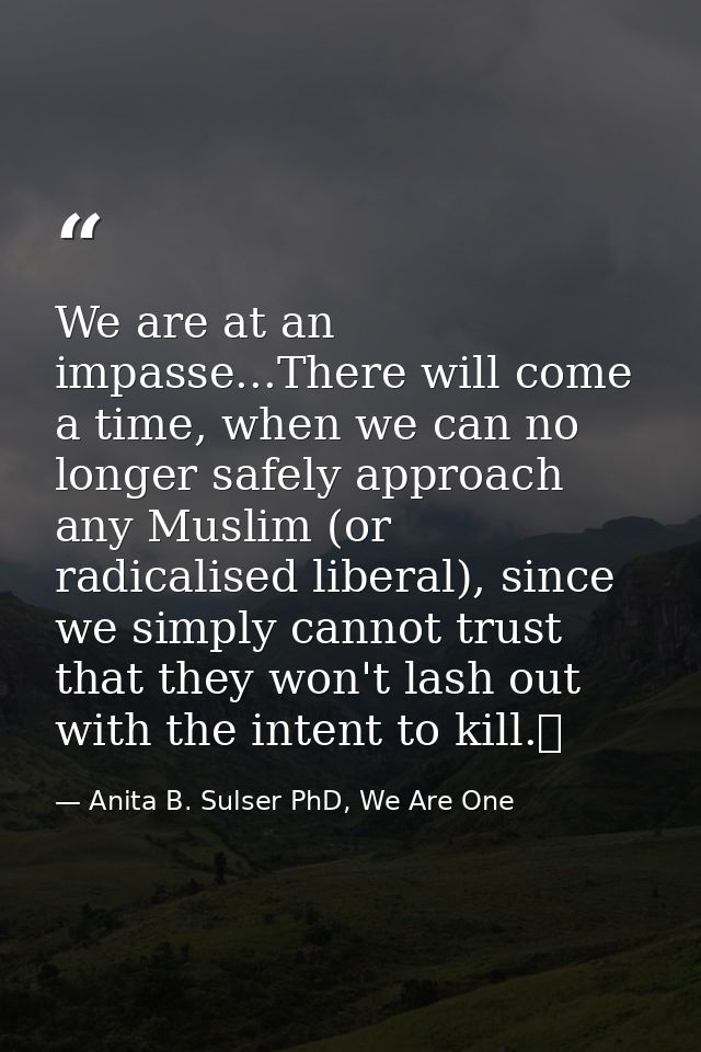 We are at an impasse...There will come a time, when we can no longer safely approach any Muslim (or radicalised liberal) — Anita B. Sulser PhD, We Are One