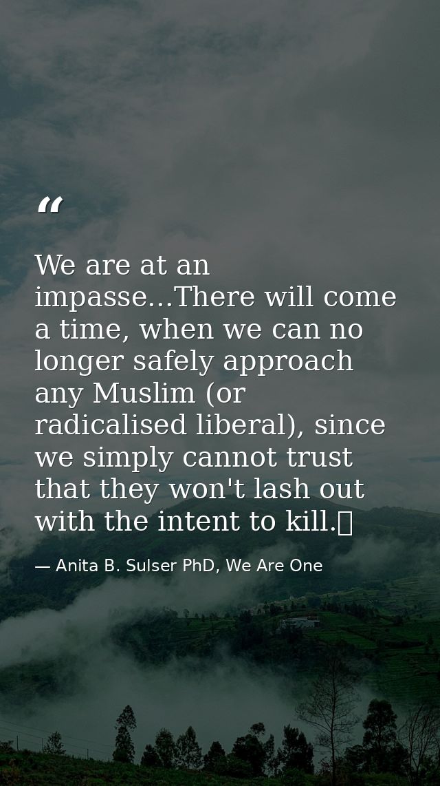 We are at an impasse...There will come a time, when we can no longer safely approach any Muslim (or radicalised liberal) — Anita B. Sulser PhD, We Are One