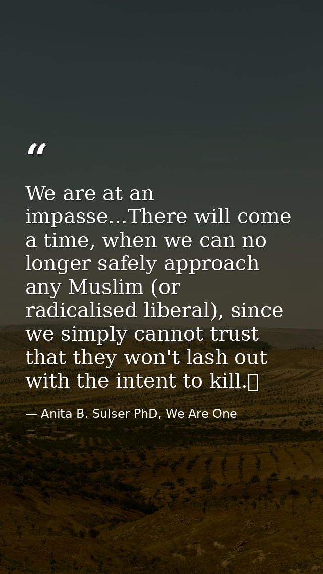 We are at an impasse...There will come a time, when we can no longer safely approach any Muslim (or radicalised liberal) — Anita B. Sulser PhD, We Are One