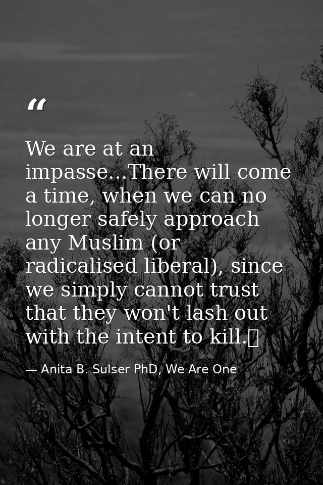 We are at an impasse...There will come a time, when we can no longer safely approach any Muslim (or radicalised liberal) — Anita B. Sulser PhD, We Are One