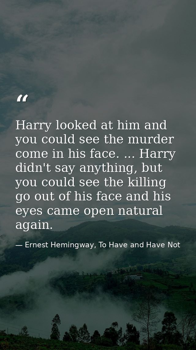 Harry looked at him and you could see the murder come in his face. ... Harry didn't say anything, but you could see the  — Ernest Hemingway, To Have and Have Not