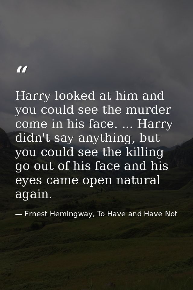 Harry looked at him and you could see the murder come in his face. ... Harry didn't say anything, but you could see the  — Ernest Hemingway, To Have and Have Not