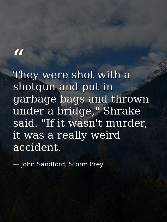 They were shot with a shotgun and put in garbage bags and thrown under a bridge," Shrake said. "If it wasn't murder, it  — John Sandford, Storm Prey
