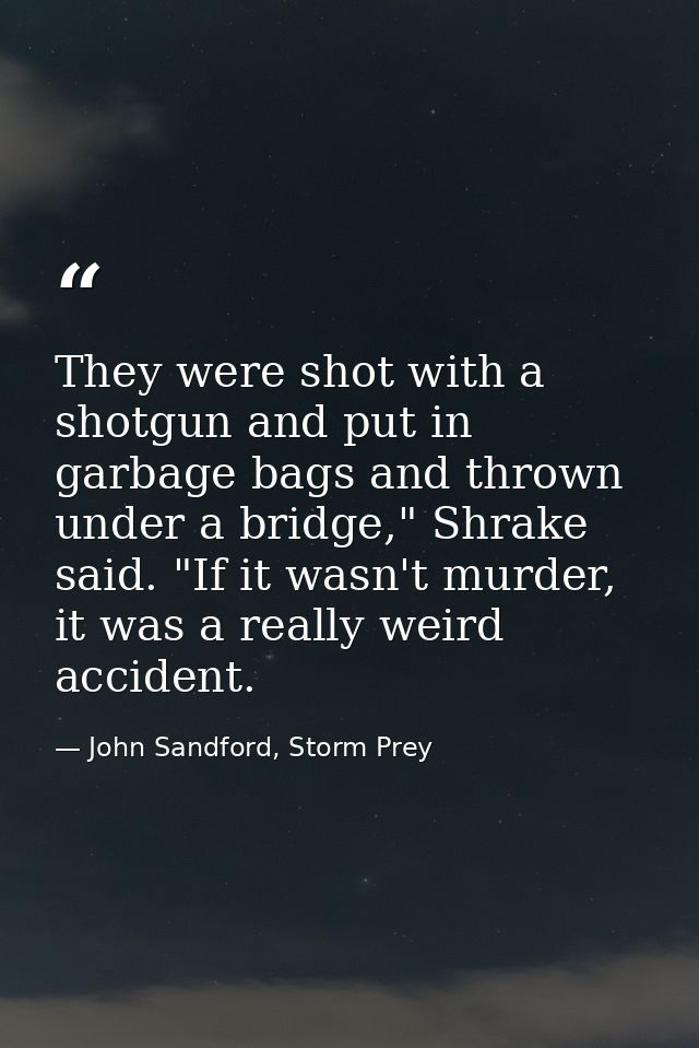 They were shot with a shotgun and put in garbage bags and thrown under a bridge," Shrake said. "If it wasn't murder, it  — John Sandford, Storm Prey