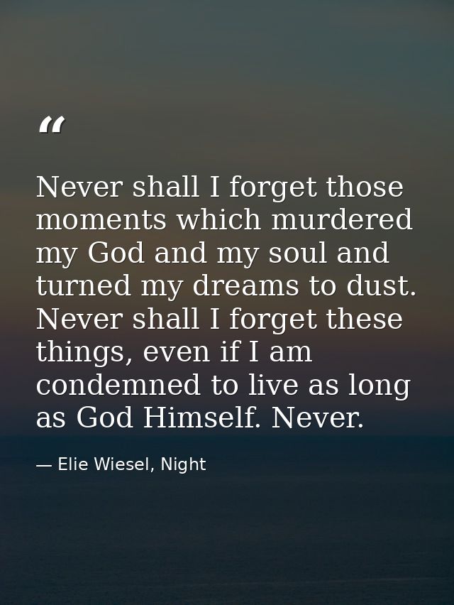 Never shall I forget those moments which murdered my God and my soul and turned my dreams to dust. Never shall I forget  — Elie Wiesel, Night