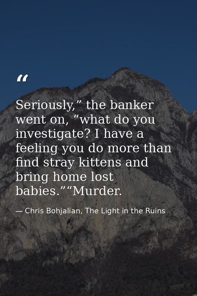 Seriously,” the banker went on, “what do you investigate? I have a feeling you do more than find stray kittens and bring — Chris Bohjalian, The Light in the Ruins