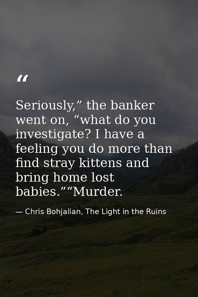 Seriously,” the banker went on, “what do you investigate? I have a feeling you do more than find stray kittens and bring — Chris Bohjalian, The Light in the Ruins